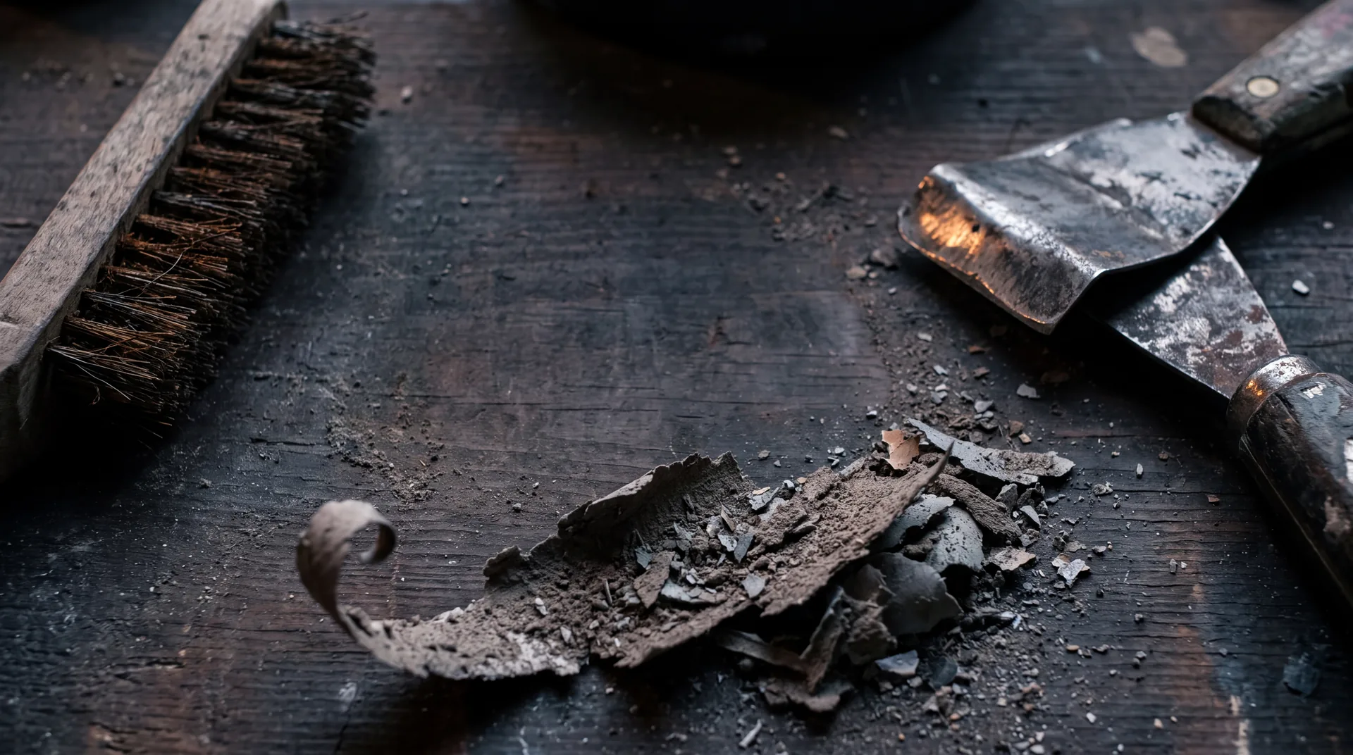 A wire brush and paint scraper beside a pile of scraped-off filler shavings on a workbench.