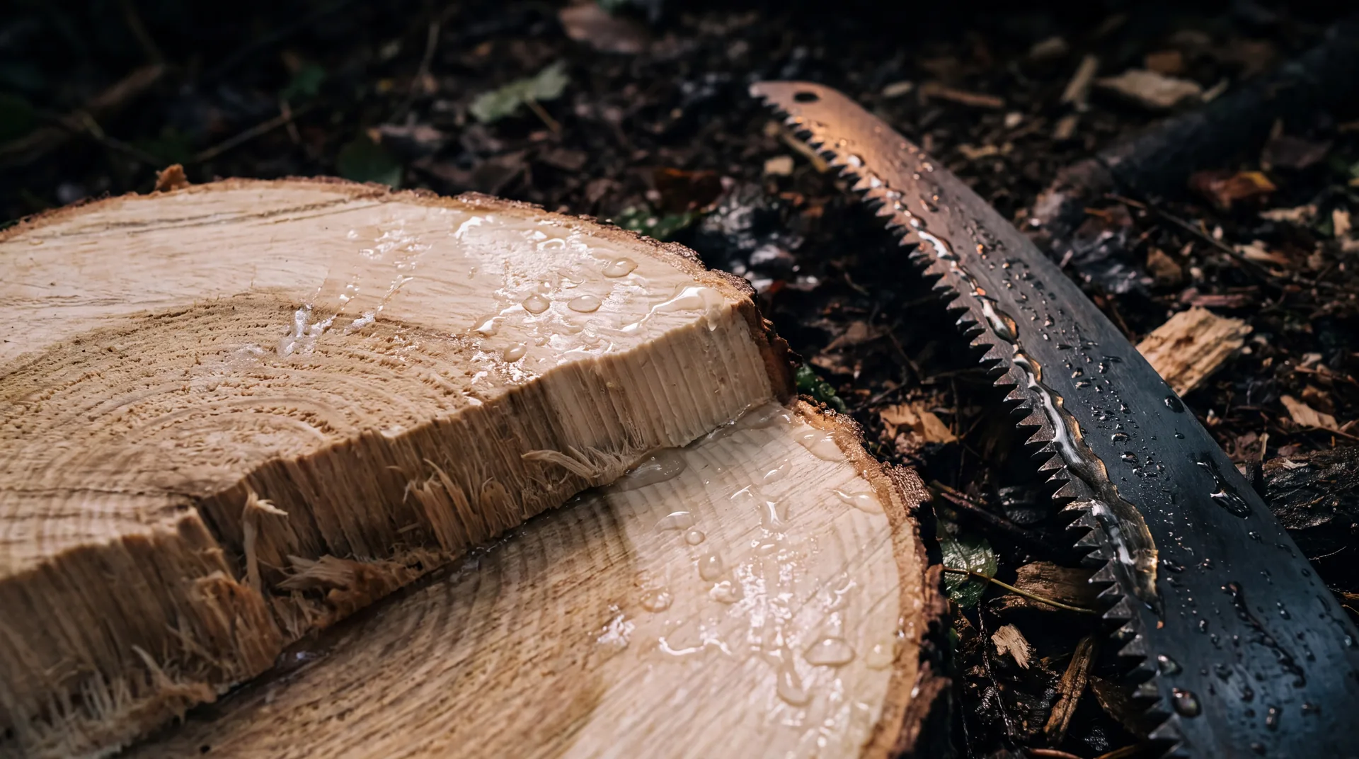 A freshly cut green sapling section beside a sap-wet pruning saw blade on a dark bench.