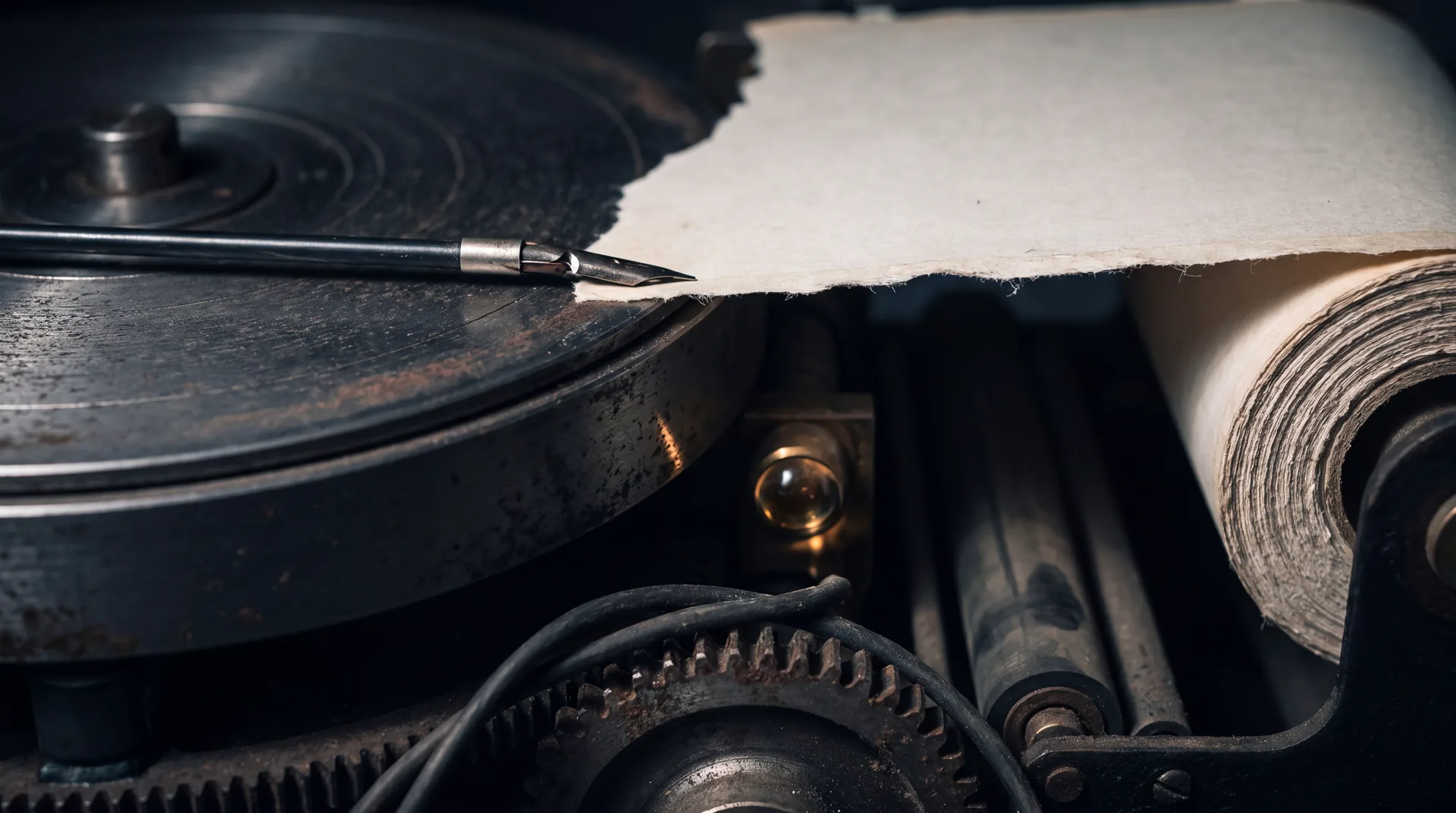 A drum chart recorder with the paper roll torn short and the stylus resting on bare metal