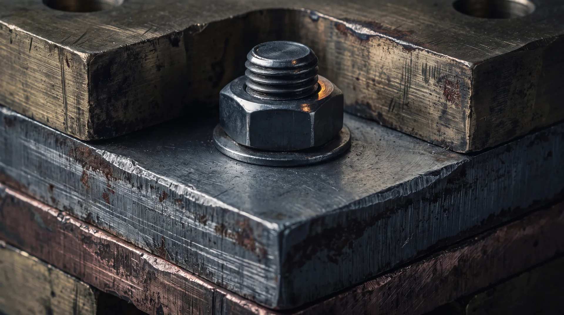 Three stacked metal plates of brass, steel and copper bolted through a single shaft, layered edges lit from one side
