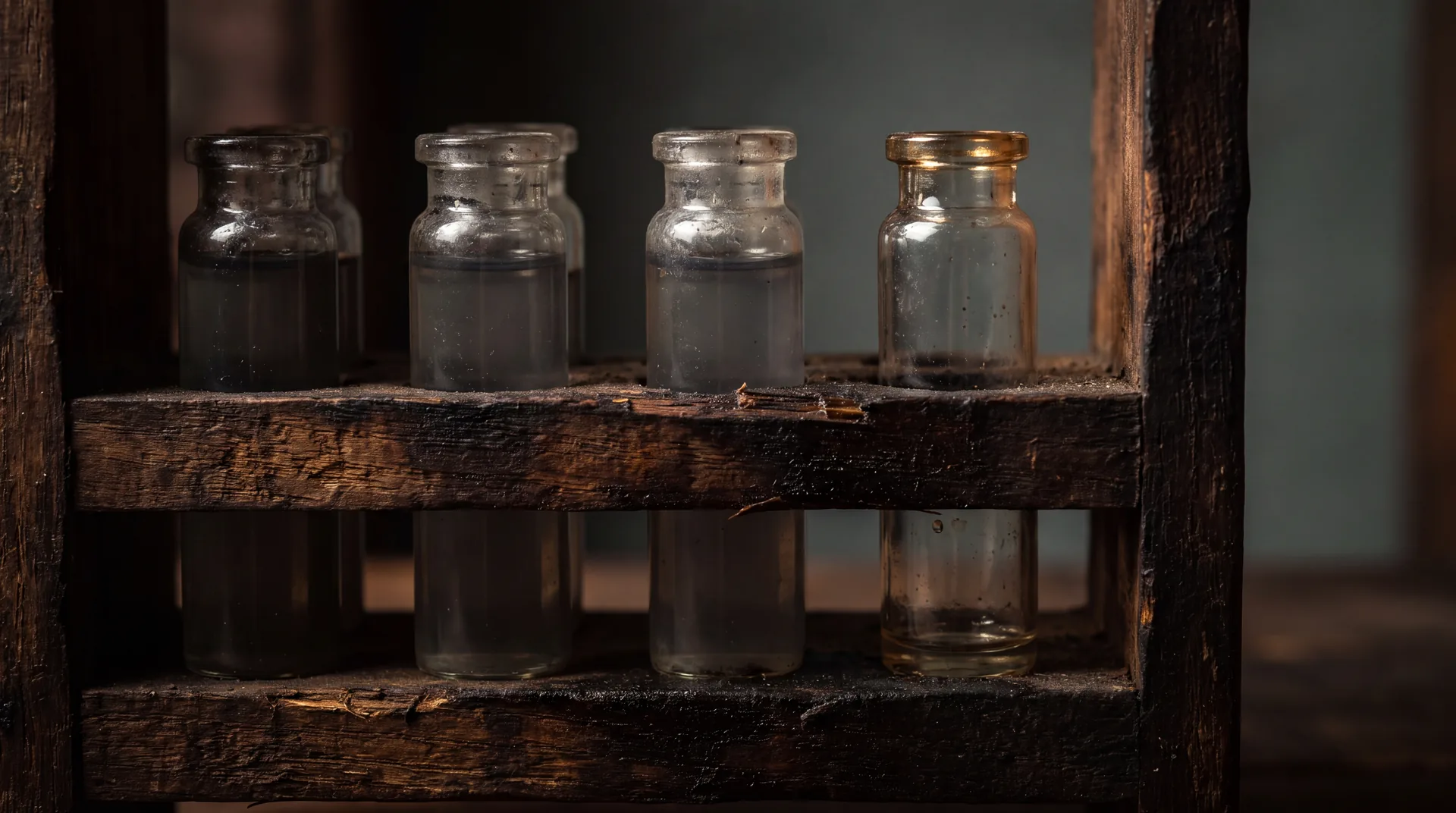 Five glass vials in a wooden rack, four filled to the same level and one nearly empty