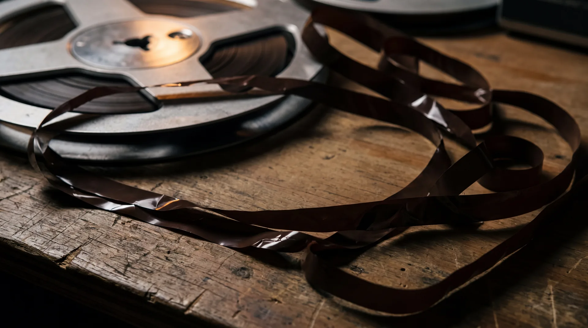 A magnetic tape reel with its tape unspooled and stretched flat in a long ribbon across a bench.