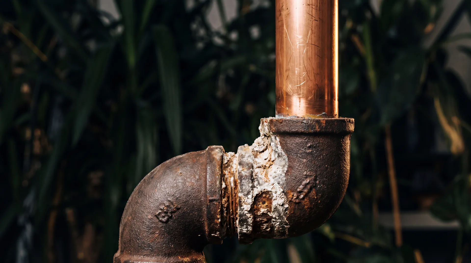 Cast iron pipe elbow lined with mineral scale, with new copper pipework rising from it against a dark wall.