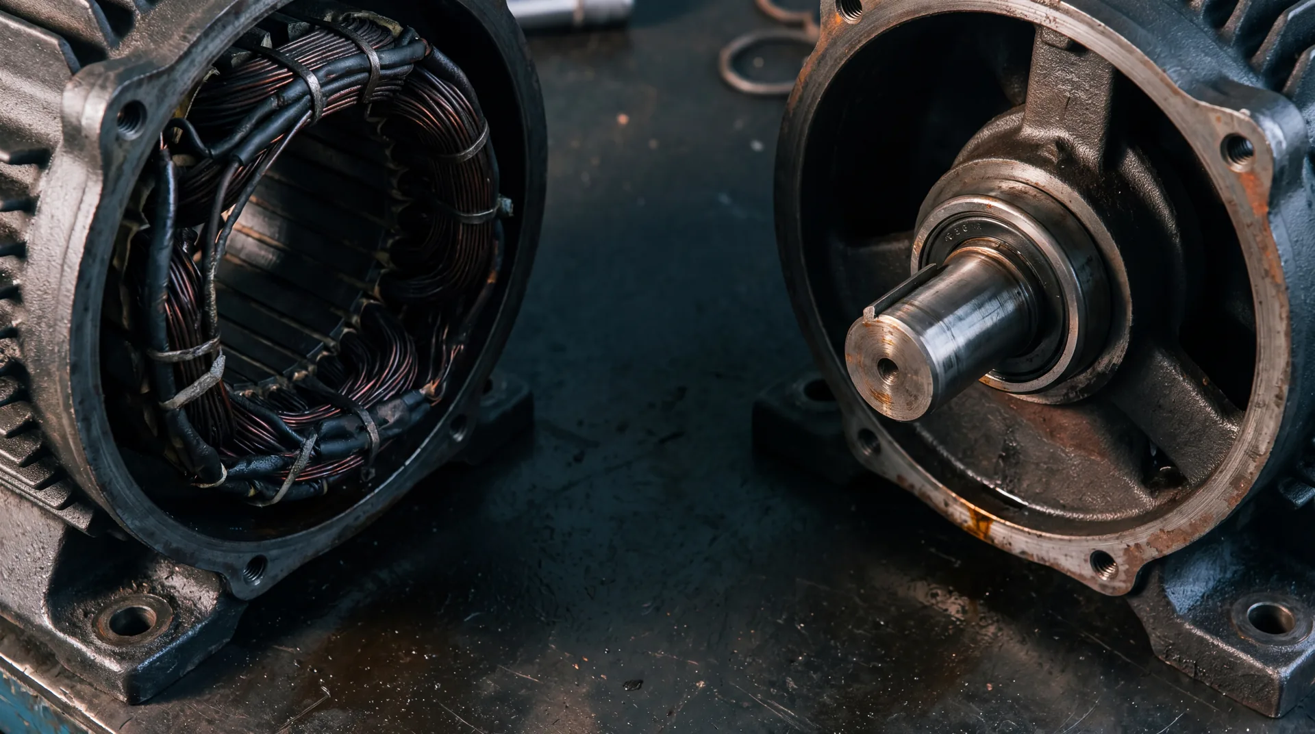 Two identical opened metal housings side by side, one full of copper windings, the other nearly empty.