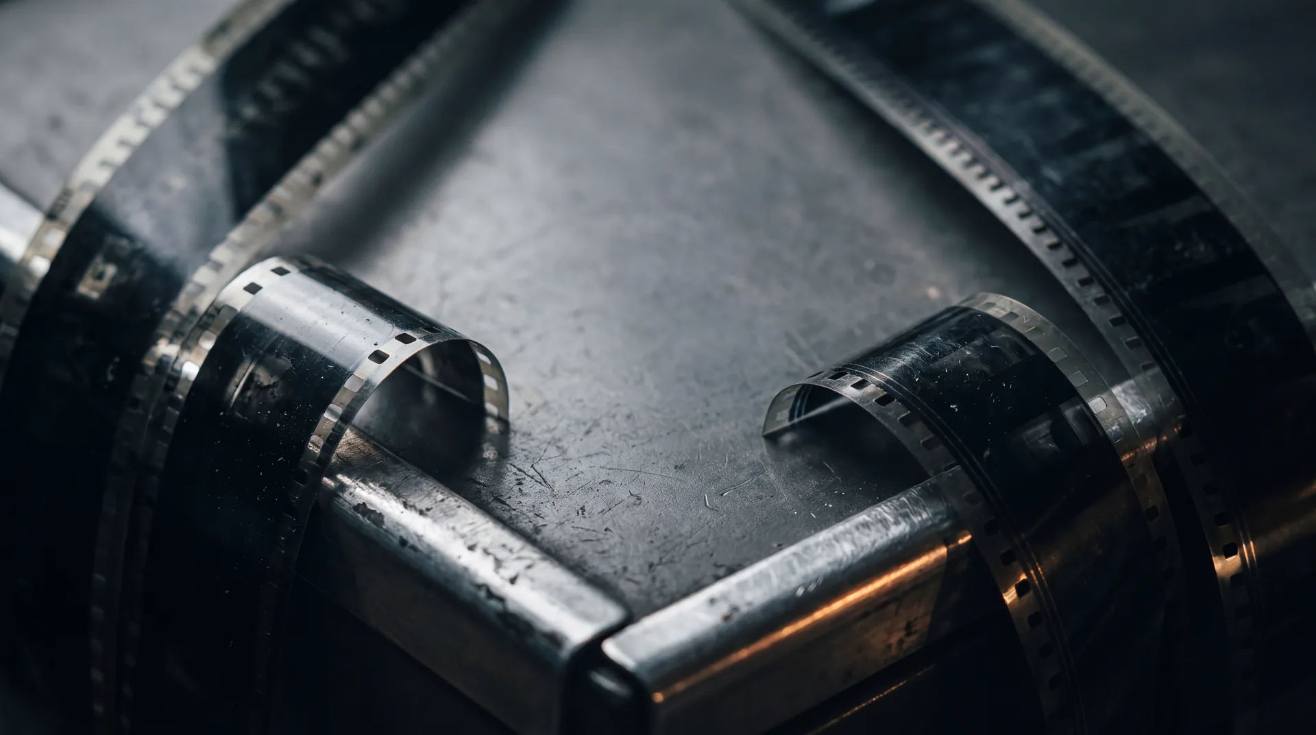 Three film strips of different gauges fanned across a steel bench, sprocket holes catching a hard side light