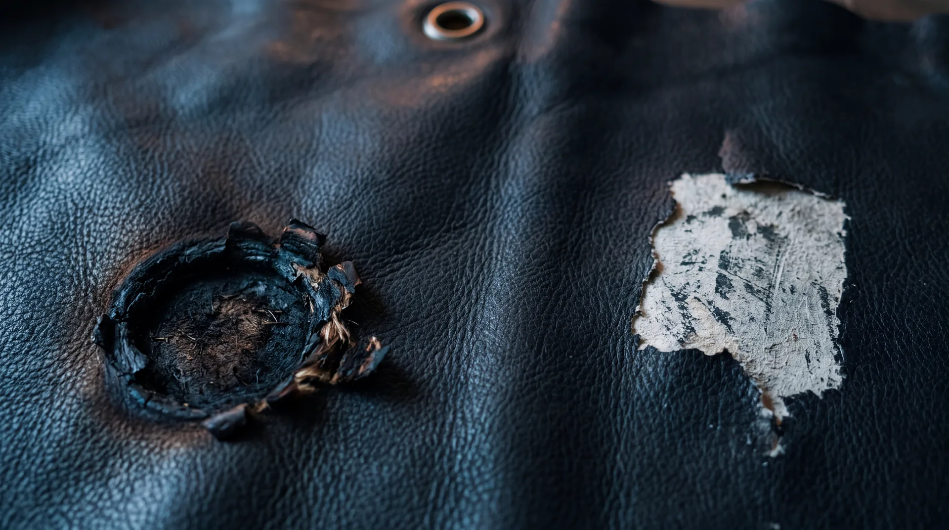 Scuffed black leather with a burnt hole through it and a torn pale patch beside it.