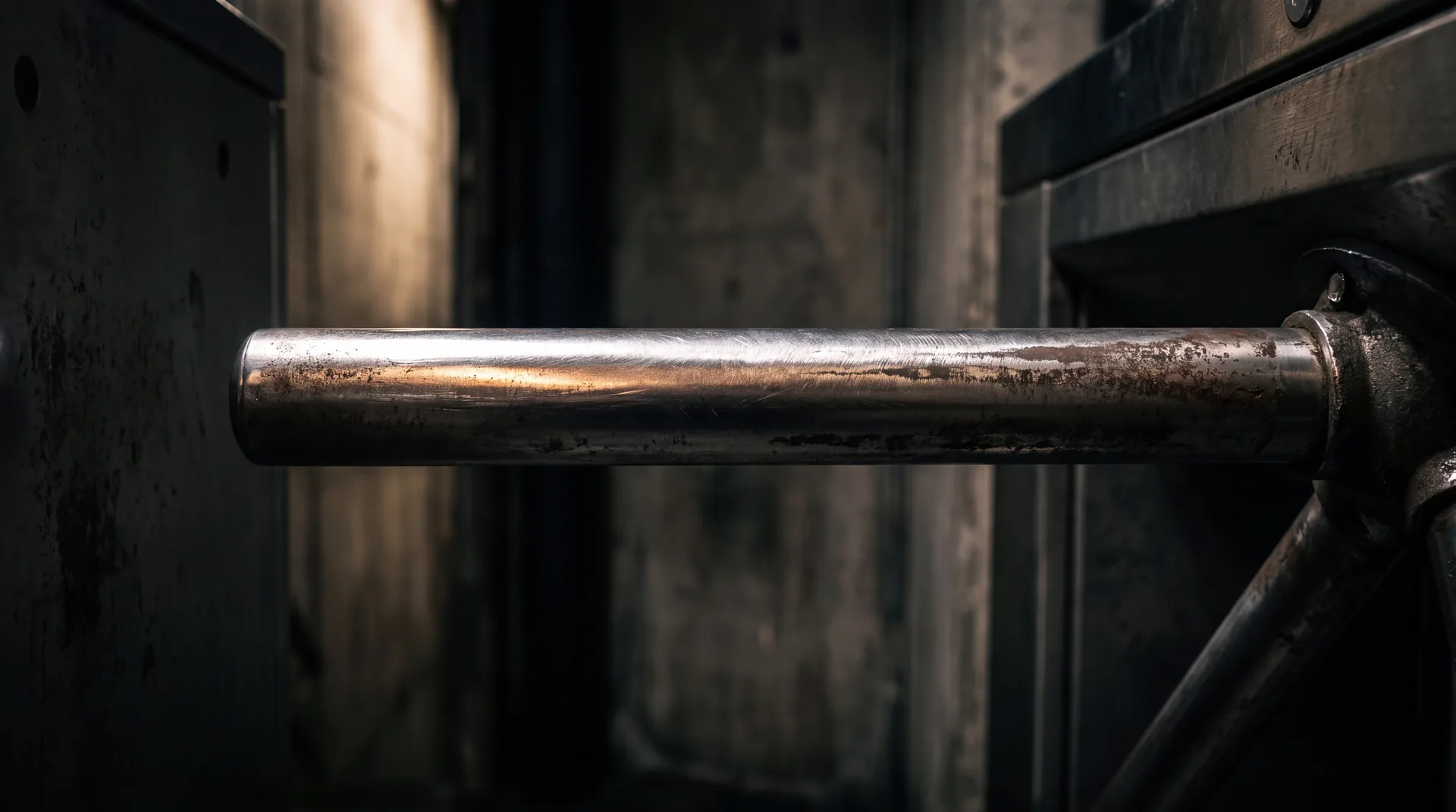 A steel turnstile arm in a dark entryway, its top edge worn bright from use