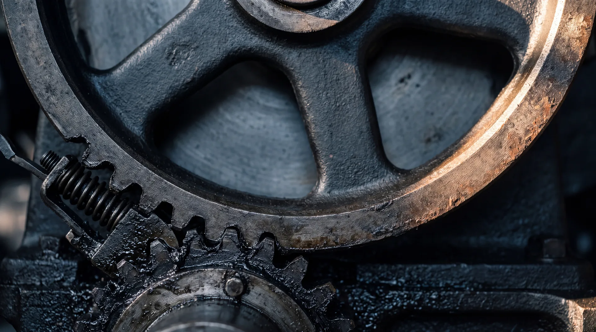 Close view of a cast-iron flywheel with a ratchet pawl engaged in a tooth, grease visible between the teeth.