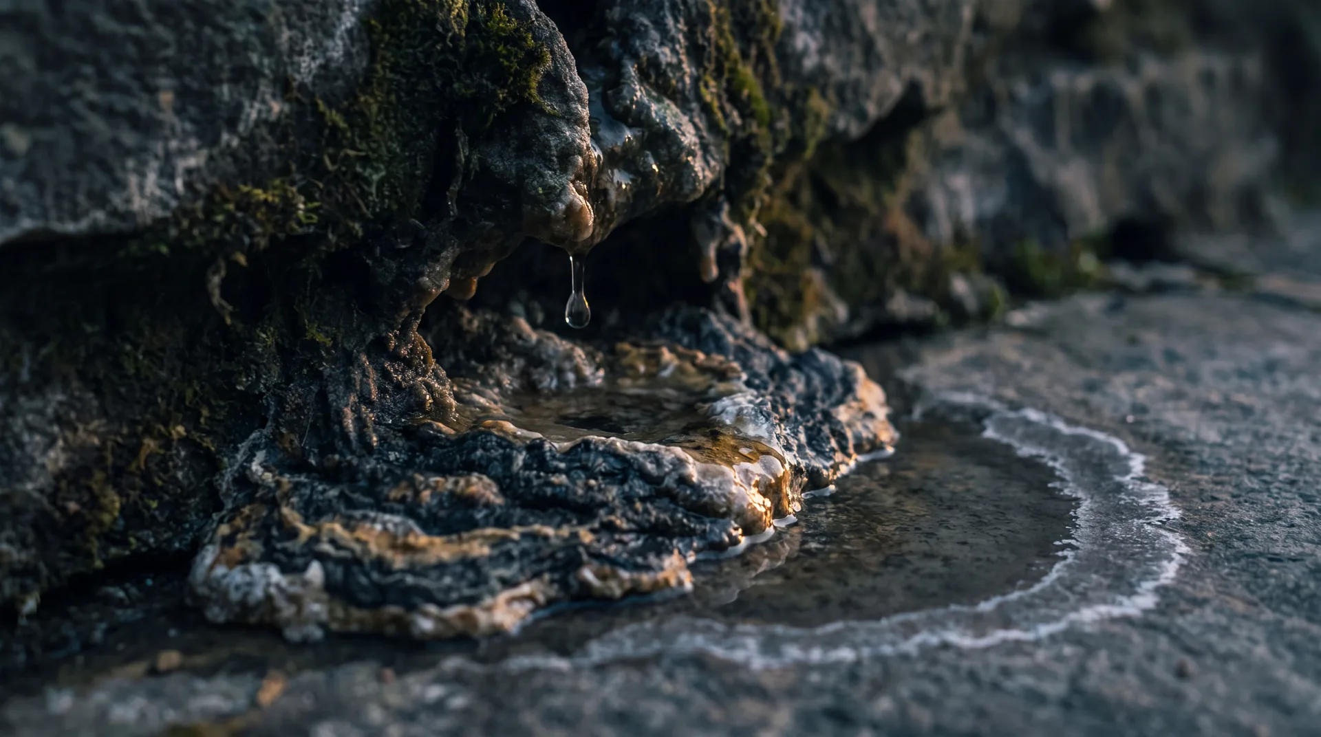 A drip falling on dark stone above a thick layered mineral crust, with a shallow wet ring drying nearby.