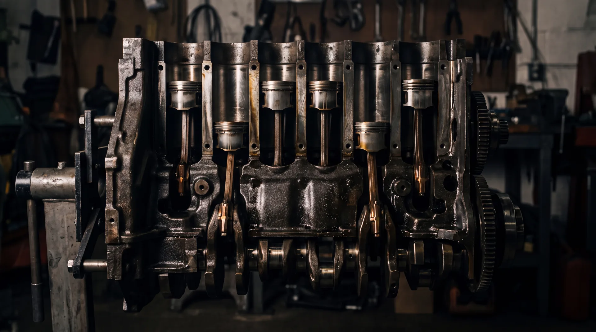 A six-cylinder engine block cut away lengthways on a stand, pistons at different heights inside oiled bores.