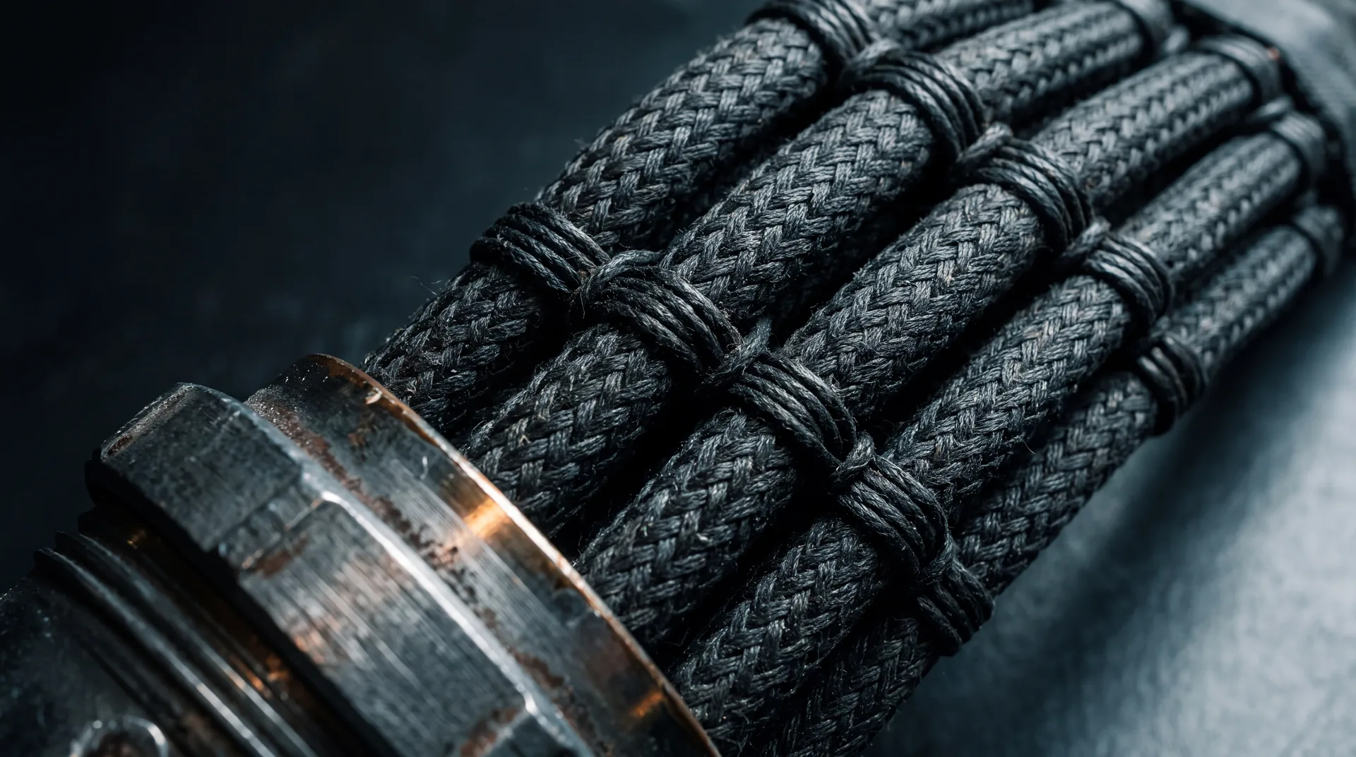 Six braided cable harnesses laced together with cord and joined into one heavy connector