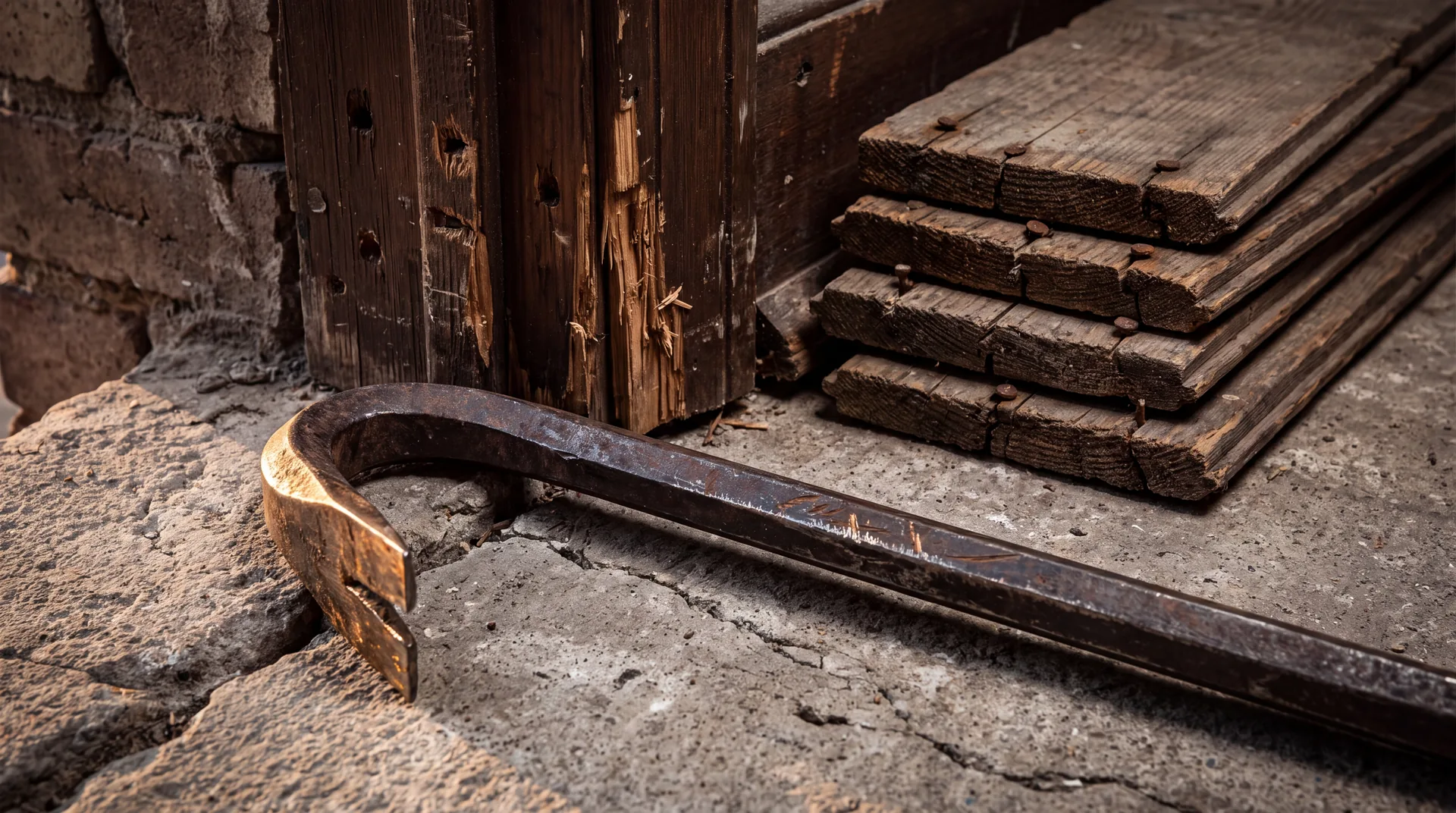 A steel crowbar on concrete between a splintered forced door jamb and neatly stacked lifted floorboards.