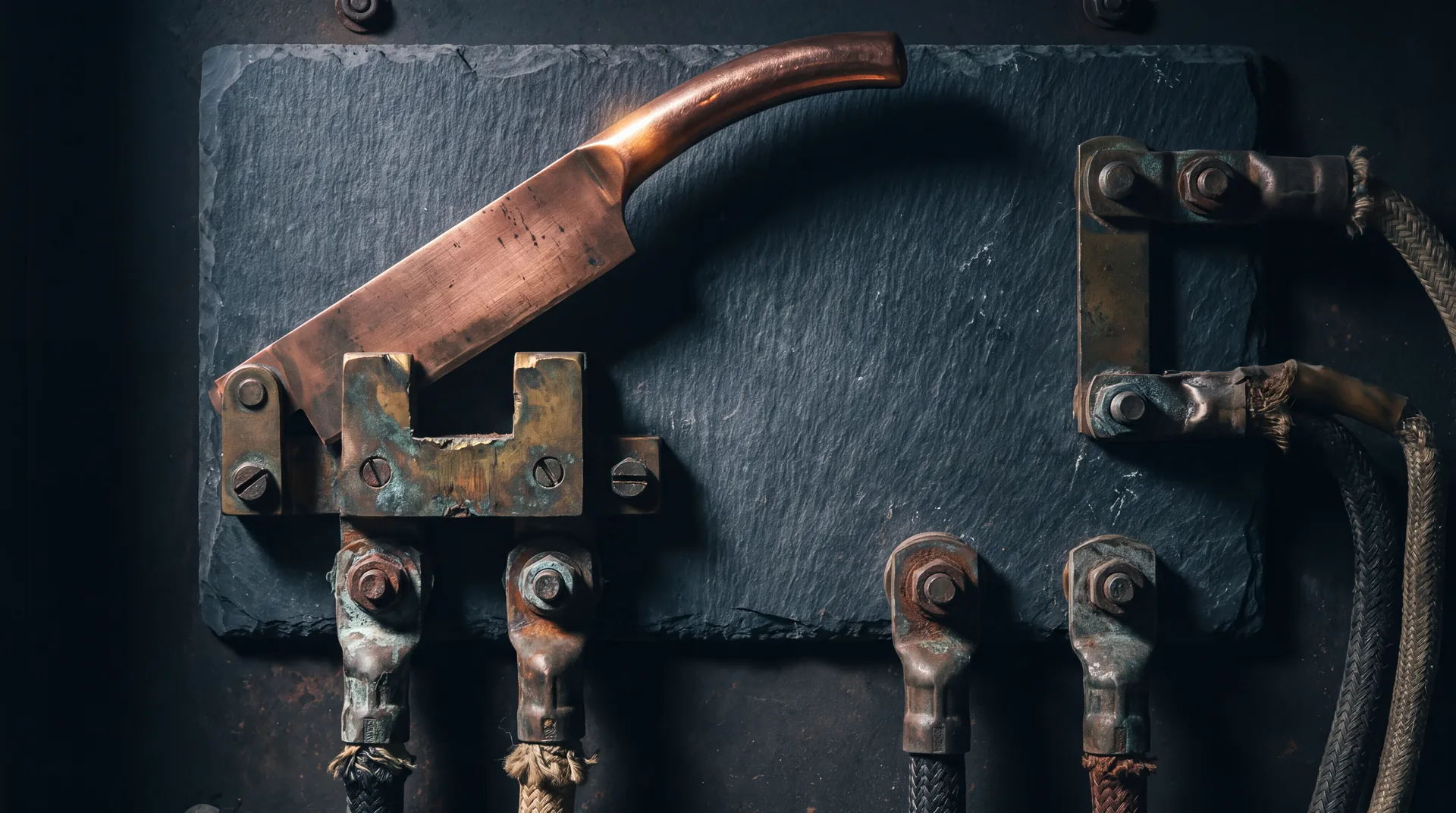 A large industrial knife switch on a slate panel with its copper blade lifted clear of the contacts