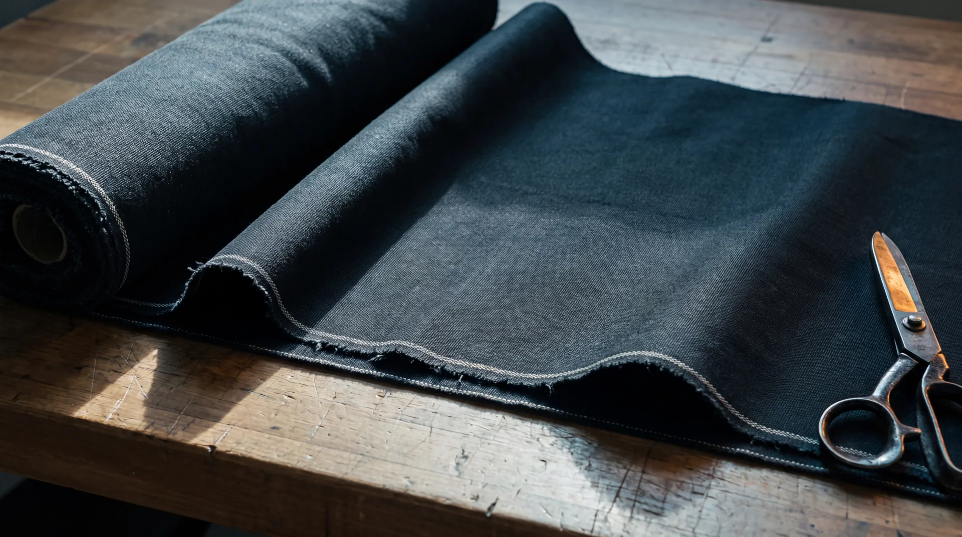 A roll of dark selvedge denim unfurled across a scratched timber bench, shears resting at the edge.