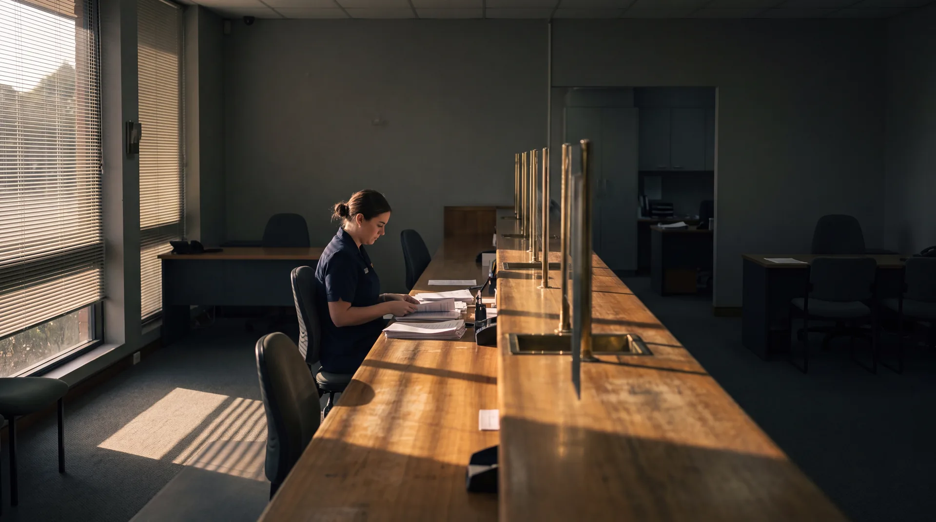 A bank branch teller counter after closing, lit by low sun through venetian blinds, with one staff member finishing paperwork.