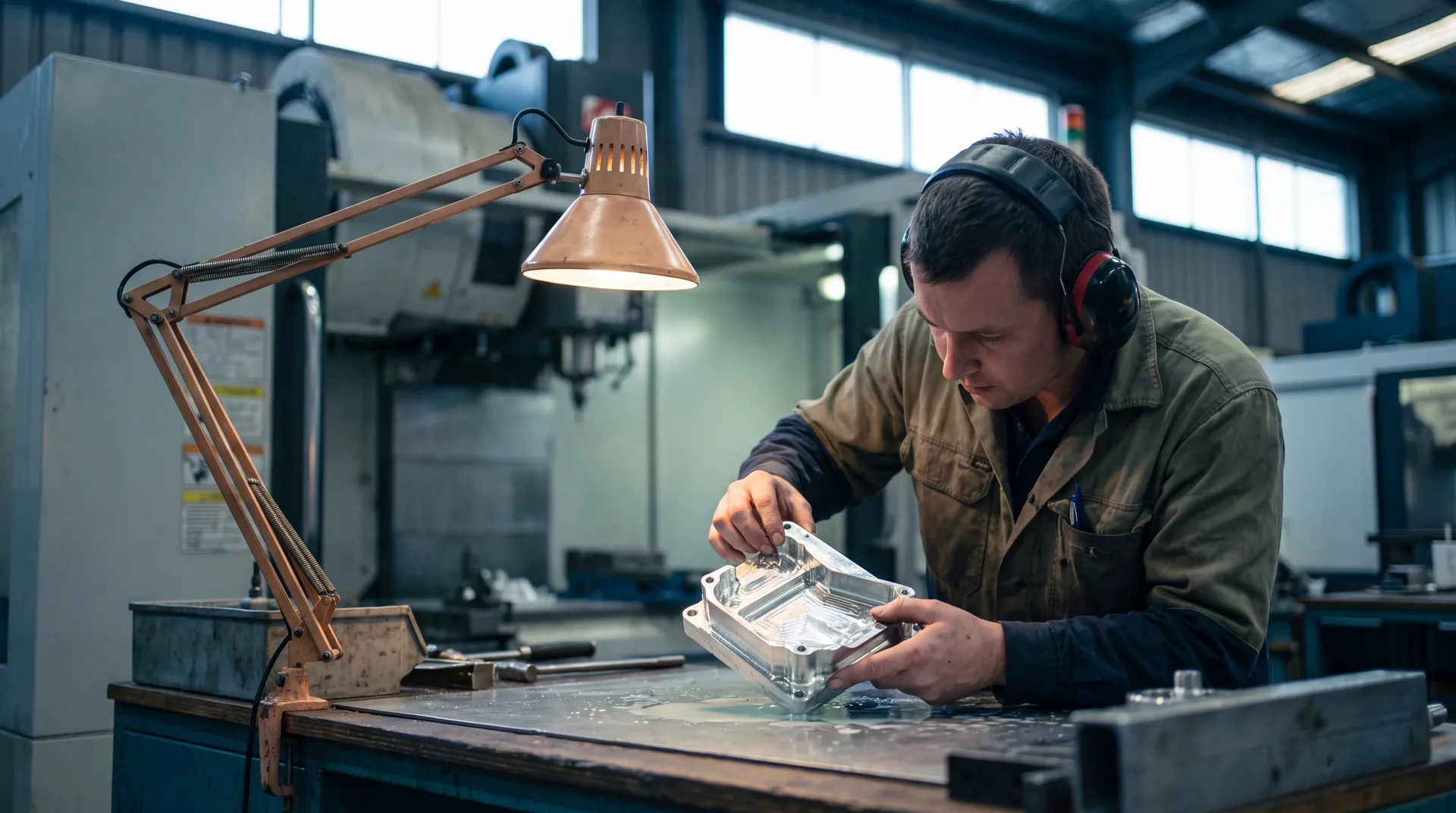 Technician inspecting a precision aluminium aerospace component beside a five axis machine in an Australian facility