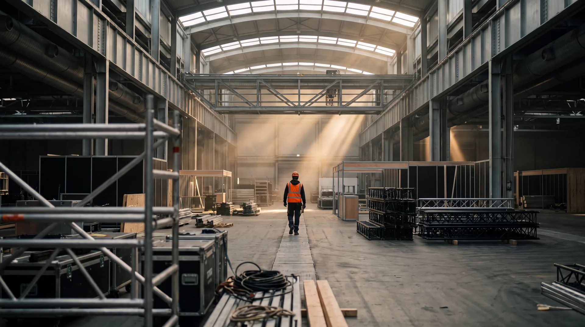 A single crew member walking through an exhibition hall at night while stands are still being built under high roof lighting.