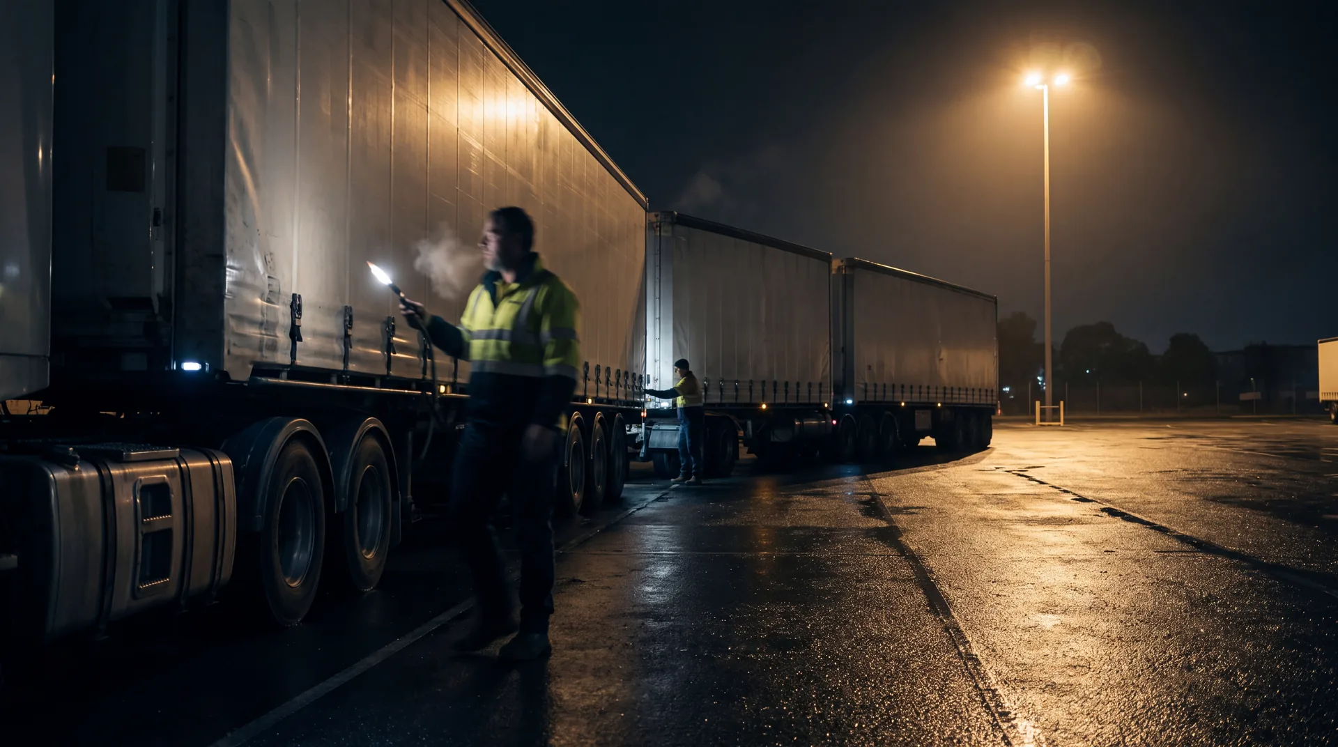 A driver walking a B-double with a torch in a wet linehaul depot before dawn.