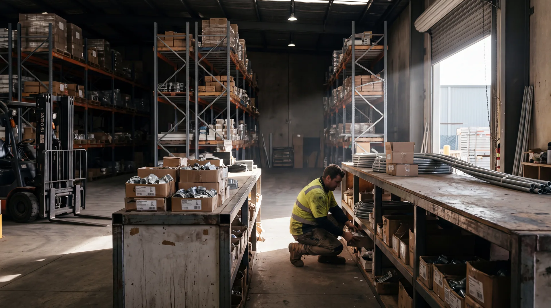 A worker in hi-vis pulling stock behind the trade counter of an industrial supply branch at first light, pallet racking running back into shadow