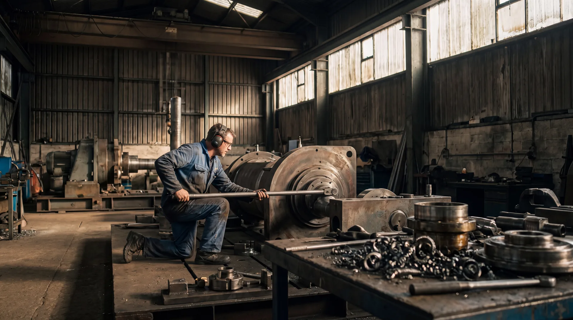 A fitter torquing a flange on a partly assembled industrial machine in a heavy engineering workshop under a gantry crane.