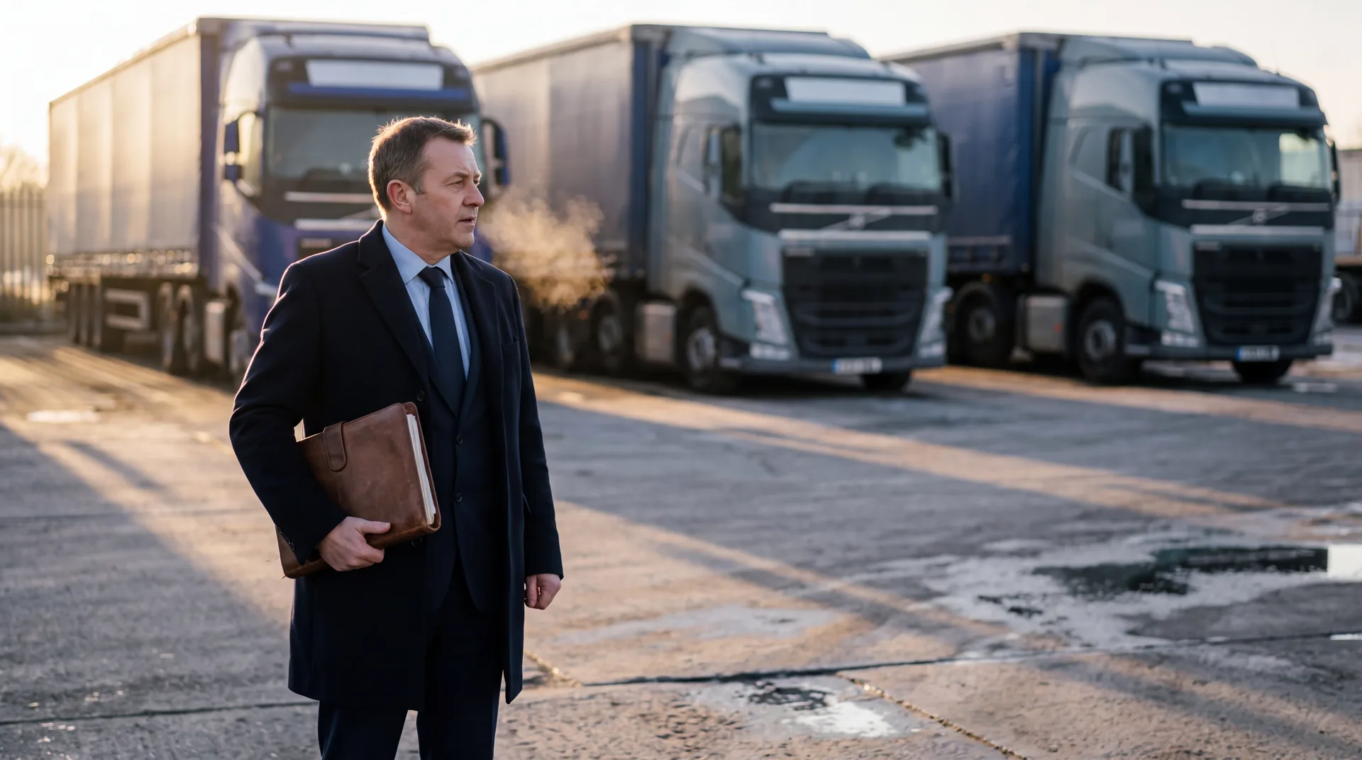 A broker holding a folder of policy schedules on the apron of a transport depot at dawn, prime movers parked in a row behind him.