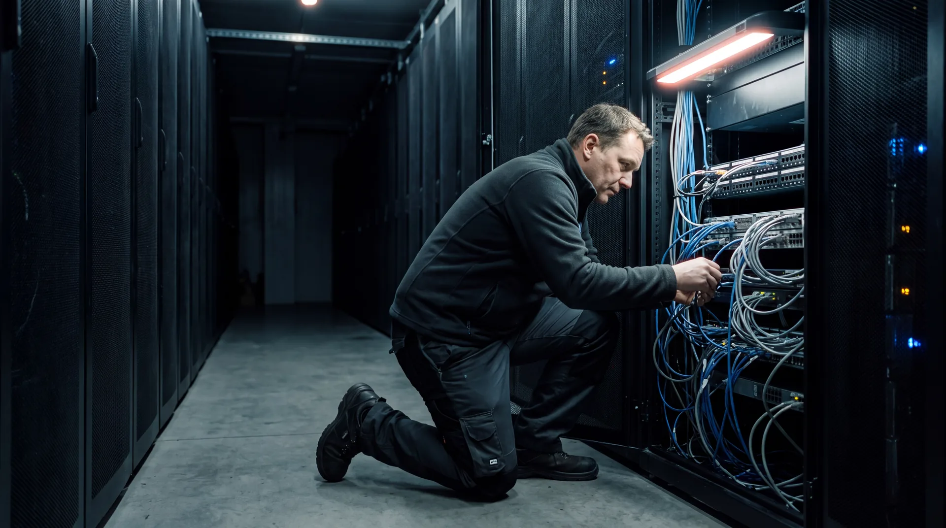 A technician kneeling at an open server rack in a dark data centre aisle under a single hard overhead light.