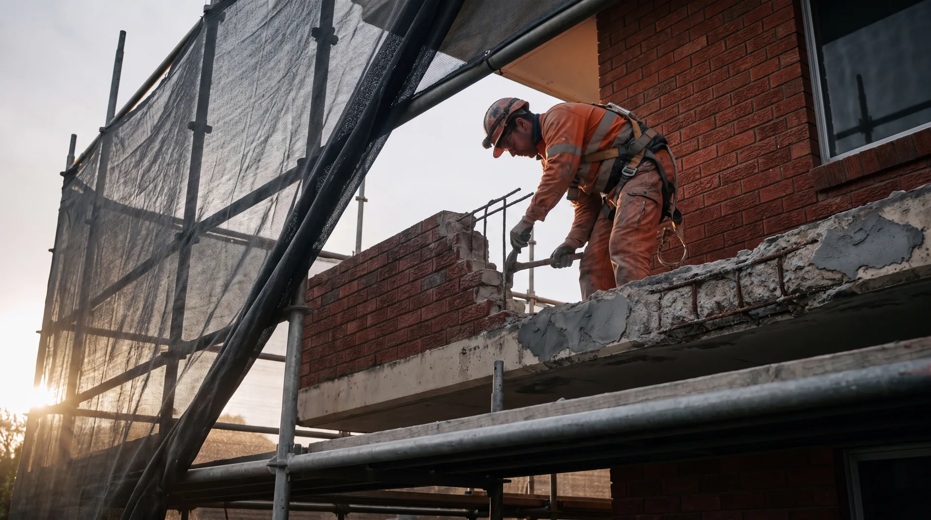 A tradesman on scaffolding chipping back spalled concrete at the balcony edge of an older brick apartment block in early morning light.