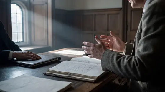 Two people across a desk of printed ledgers at dawn, one mid-explanation, lit by a single hard beam of window light.