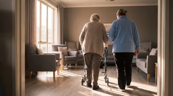 A carer walking beside an elderly resident with a walking frame through a sunlit aged care lounge in late afternoon