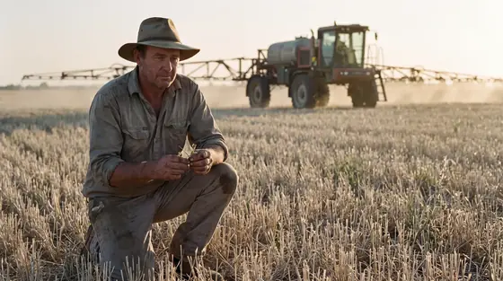 An agronomist kneeling in wheat stubble at dawn, examining a plant, with a boom sprayer on the horizon behind him.