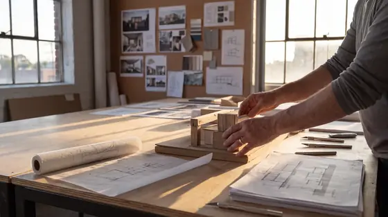 Hands adjusting a timber massing model on a studio table in late afternoon light, drawings scattered around it.
