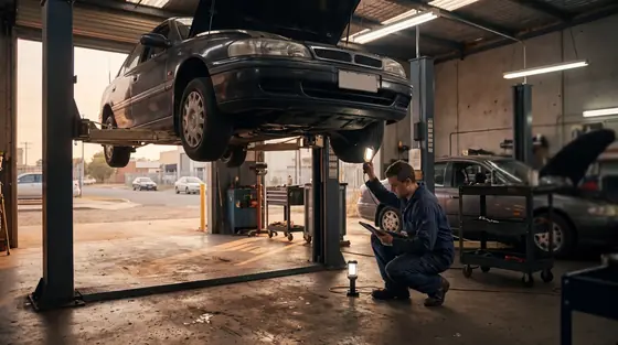 A technician working beneath a car on a hoist in an Australian workshop with the roller door open to late afternoon light.