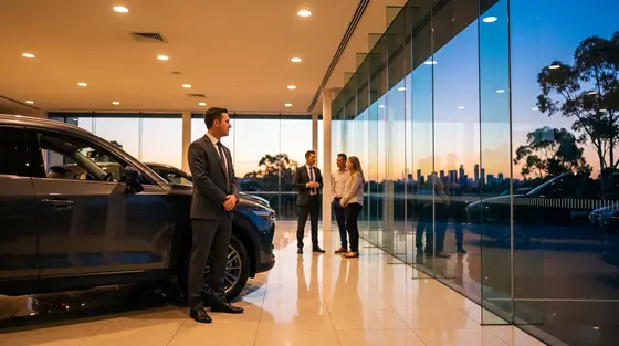 A dealership sales manager walking two customers along a row of cars on a lit forecourt after dusk.