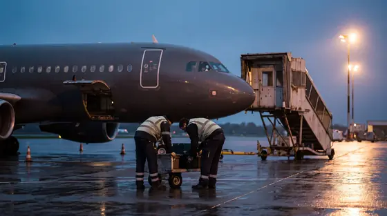 Ground crew loading the forward hold of a jet on a wet apron at dusk.