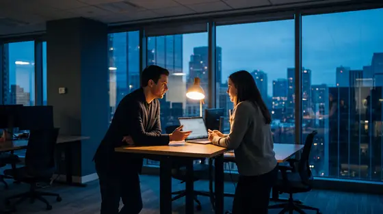 Two colleagues talking over a laptop at a standing desk in an office at dusk.