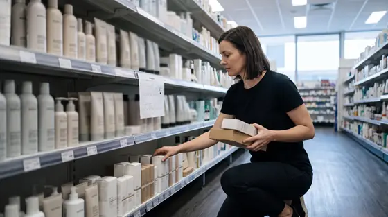 A merchandiser refacing a skincare shelf in an Australian pharmacy aisle before opening.