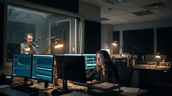An audience manager reading dashboards at night with a lit radio studio booth visible behind her.