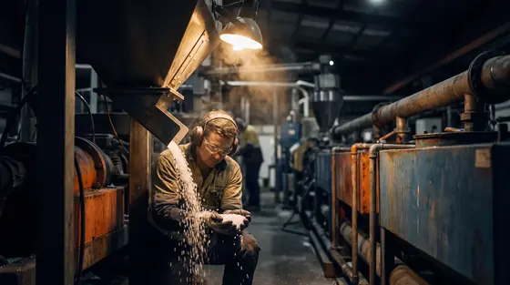 A night shift operator checking polymer pellets falling from a hopper on an extrusion line.