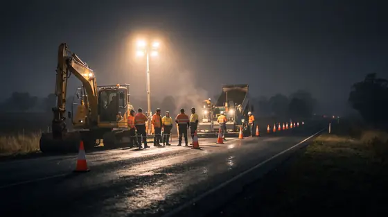 A road crew working under portable light towers on a highway upgrade at night, wet asphalt reflecting the beams.