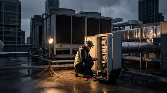 A maintenance technician working at an open switchboard on a commercial building rooftop plant deck at night, lit by a single work light.