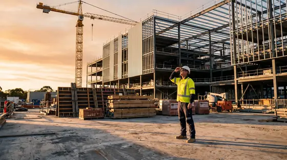 A site manager and project manager standing on the concrete slab of a partly built commercial tower, lit by hard daylight through an open edge with city towers beyond
