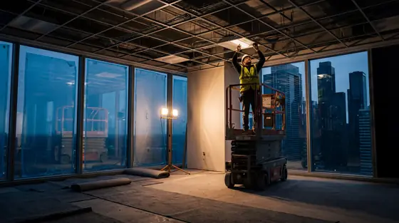 A worker on a scissor lift fitting a light in a near-complete office floor at dusk, city towers beyond the glass.