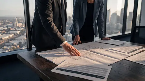 Two commercial agents reviewing a marked-up site plan and comparable sales in a Sydney tower boardroom at dusk