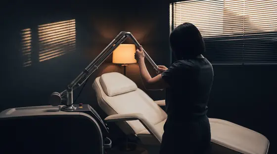 A nurse in dark scrubs adjusting a laser platform beside an empty treatment bed in a dim clinic room at dusk.