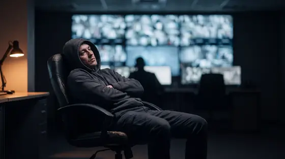 An analyst at night in a dark security operations centre lit by out of focus monitors.