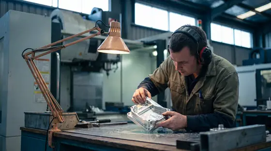 Technician inspecting a precision aluminium aerospace component beside a five axis machine in an Australian facility