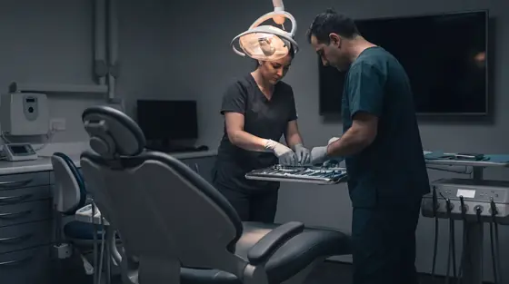A dentist and assistant in dark scrubs preparing an implant tray under the operating light, with the empty chair reclined in the foreground.
