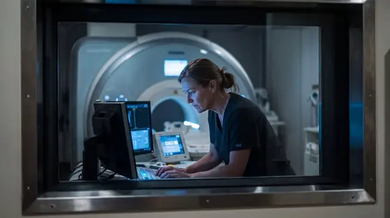 A radiographer working at the console of an MRI suite at night, the scanner visible through the observation window