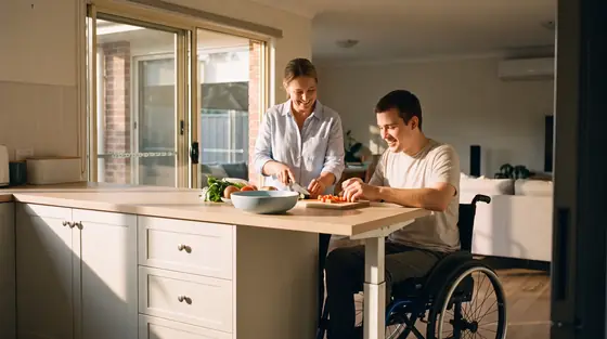 A support worker and a young man in a wheelchair preparing food together at an accessible kitchen bench in morning light