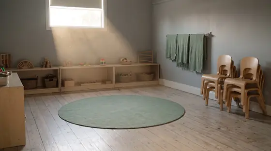 An empty early learning playroom at dawn with morning light falling across timber shelves and a reading mat.